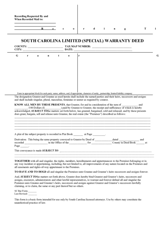 South Carolina Limited (Special) Warranty Deed Form Printable pdf