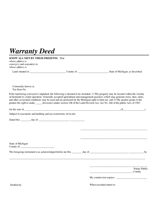 State Of Michigan Warranty Deed printable pdf download