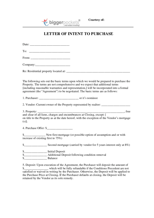 Letter Of Intent To Purchase Printable pdf