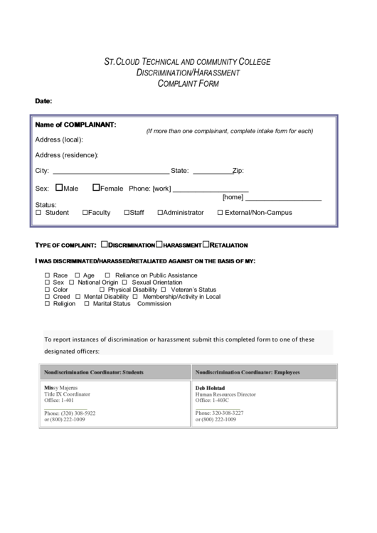 Discrimination/harassment Complaint Form Printable pdf