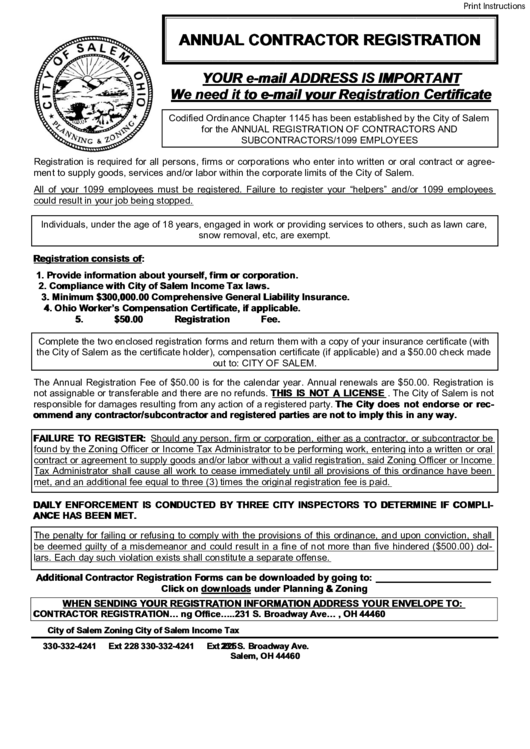 Fillable Contractor/subcontractor/1099 Employee Registration Form Printable pdf
