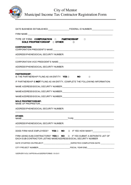 Fillable Municipal Income Tax Contractor Registration Form Printable pdf
