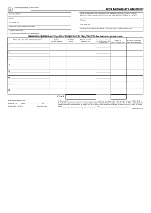 Form 35-002a - Iowa Contractor's Statement