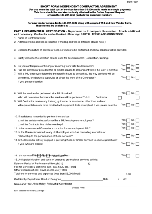 Fillable Short Form Independent Contractor Agreement Printable pdf