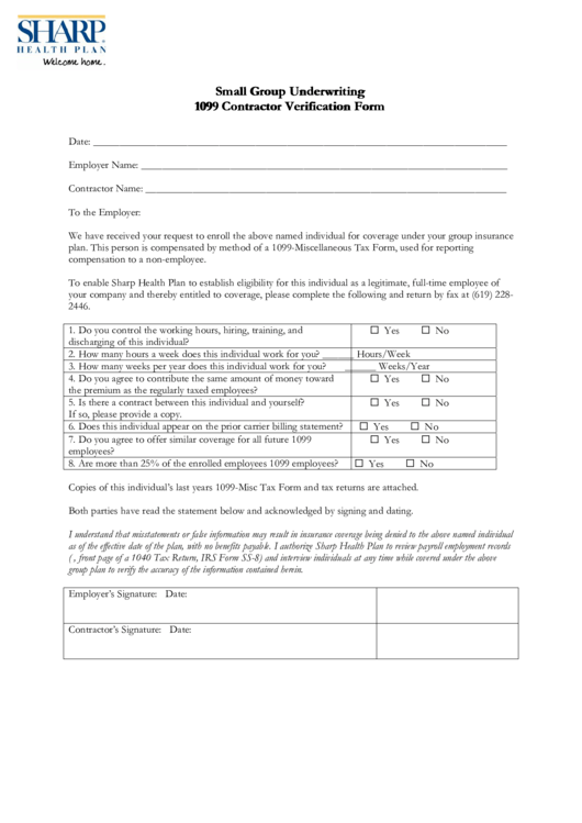 Small Group Underwriting 1099 Contractor Verification Form Printable pdf