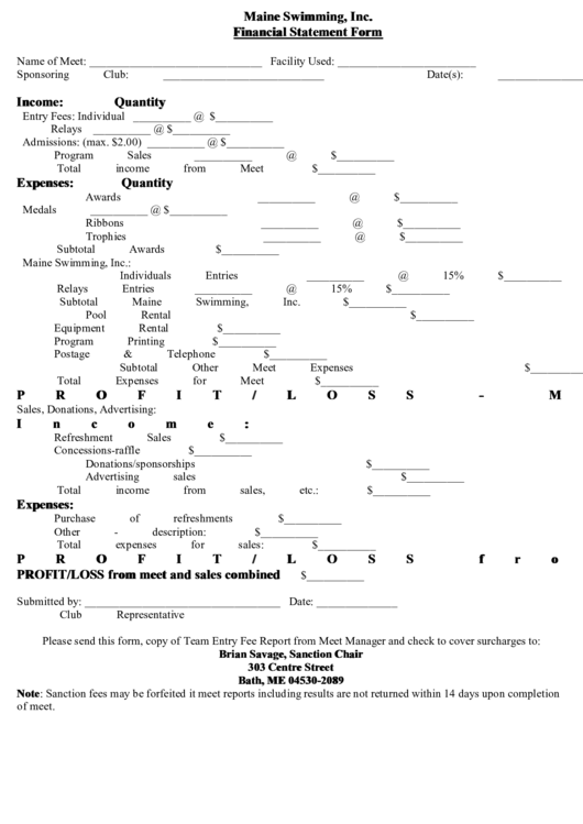 Maine Swimming, Inc. Financial Statement Form Printable pdf