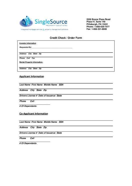 Credit Check / Order Form Printable pdf