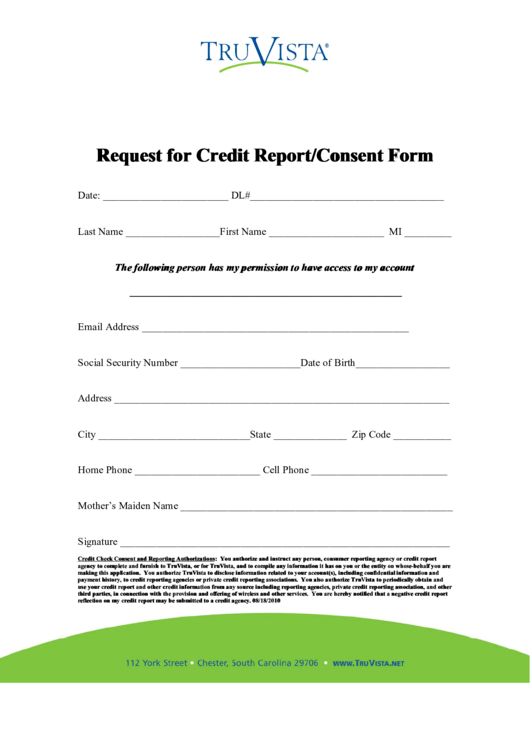 Request For Credit Report/consent Form Printable pdf