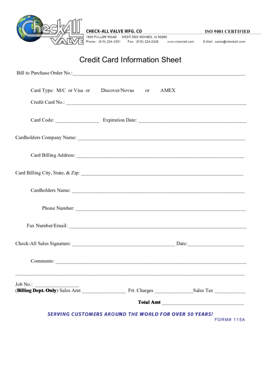 Credit Card Information Sheet Printable pdf