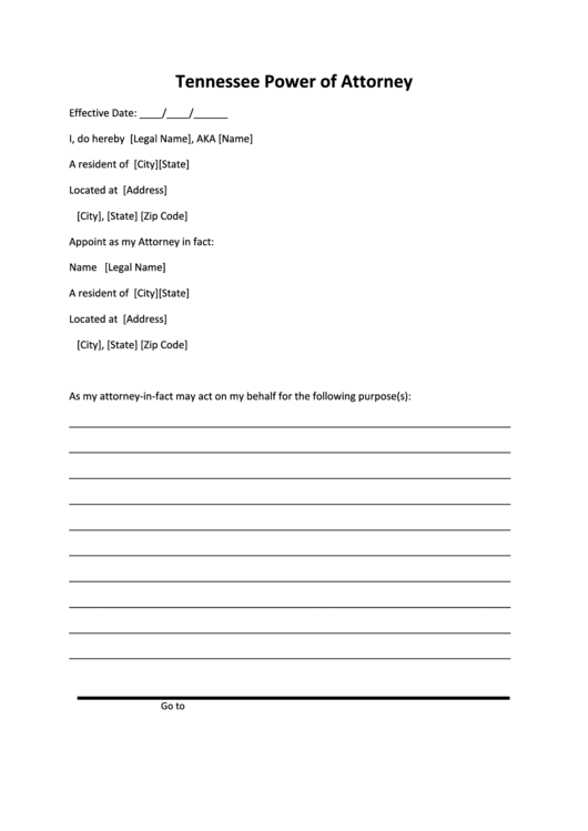 Power Of Attorney Form - Tennessee Printable pdf