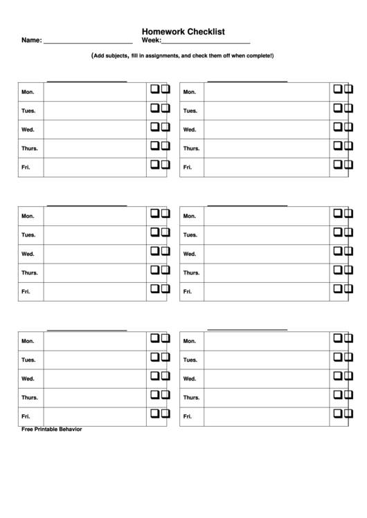 Homework Checklist Template Printable pdf