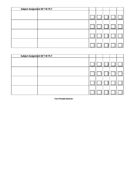 Homework Chart Template - Four Subject Printable pdf
