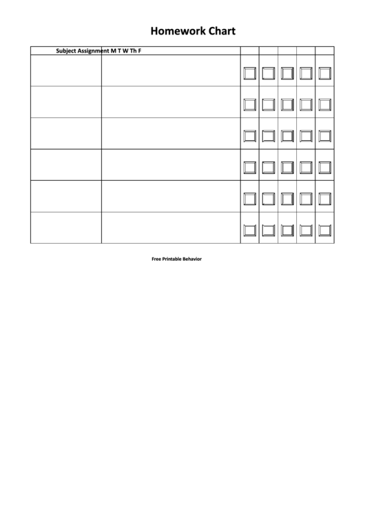 Homework Chart Template - Six Subjects Printable pdf