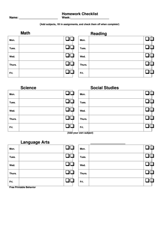 Homework Checklist Template: Math, Reading, Science Social, Studies & Language Arts Printable pdf