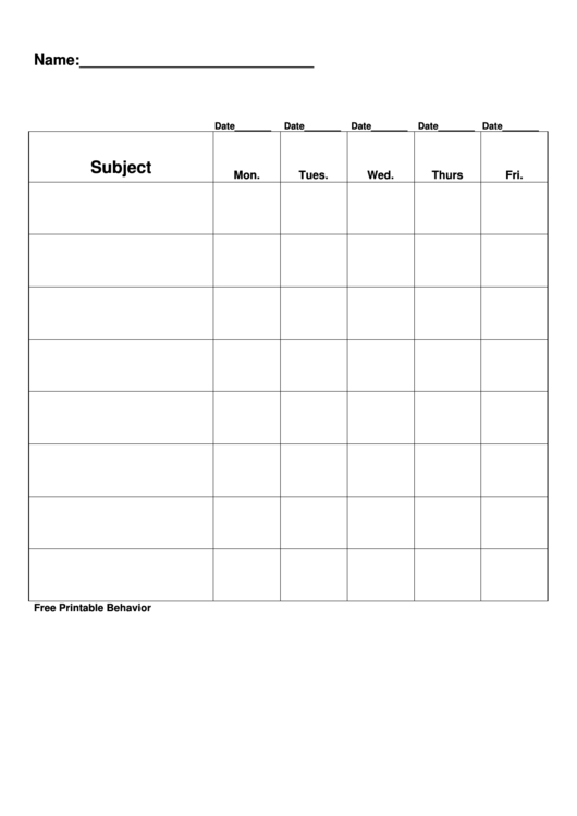 Homework Chart Template - 8 Subjects Printable pdf