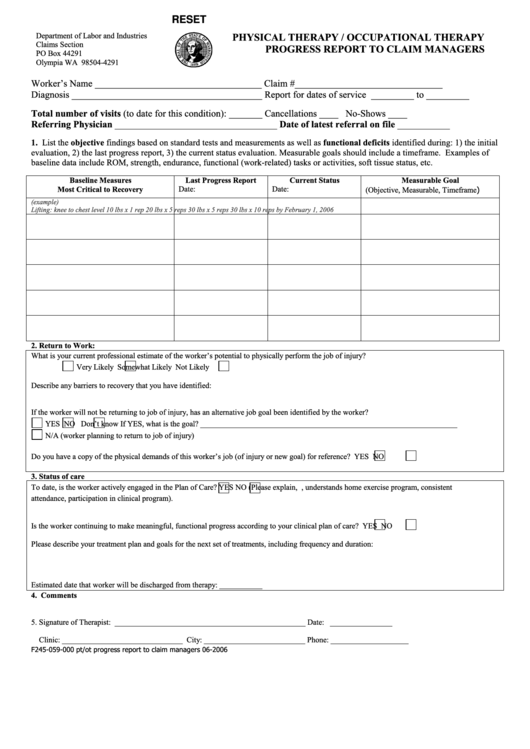 Fillable Physical Therapy / Occupational Therapy Progress Report To Claim Managers Printable pdf