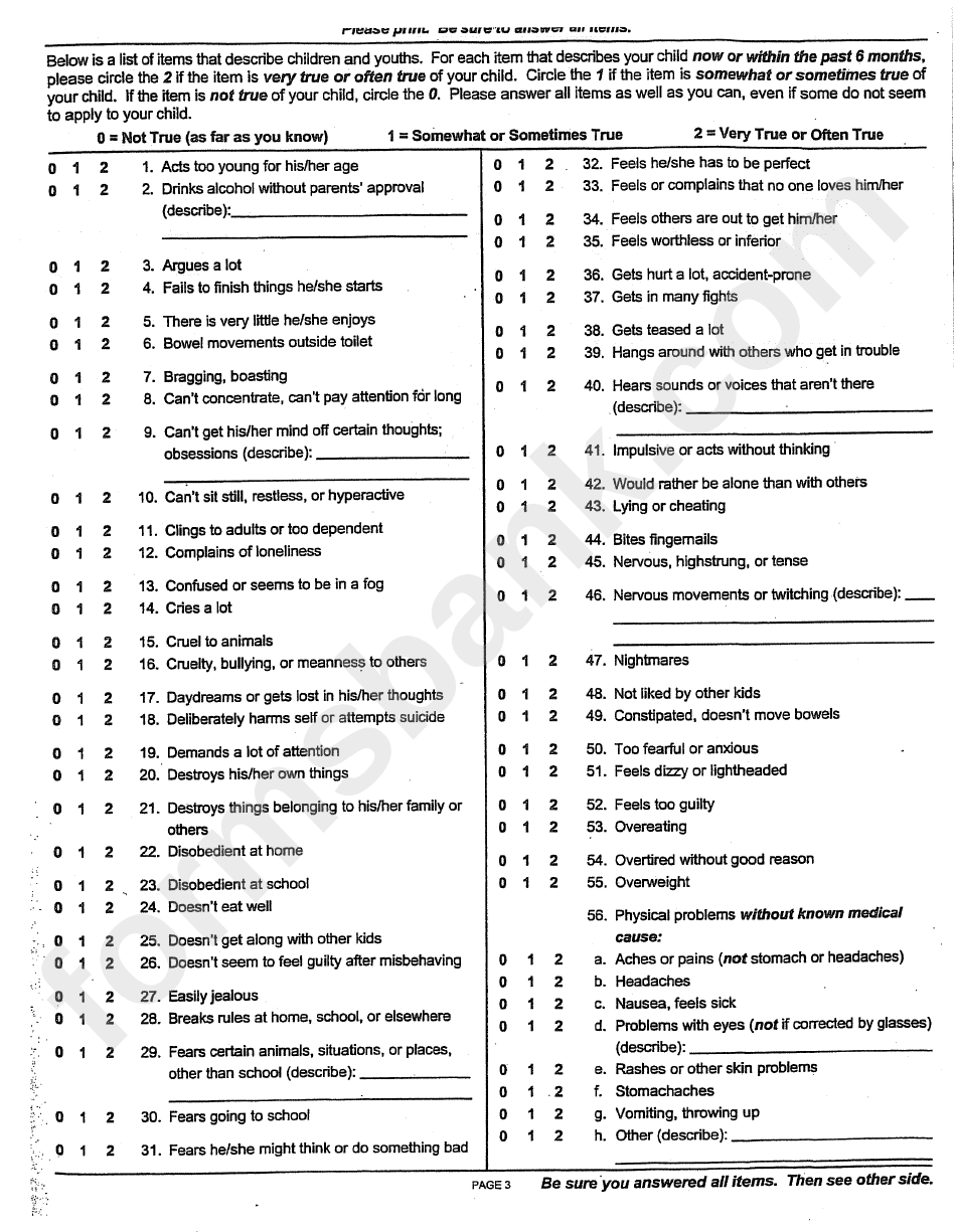 Child Behavior Checklist For Ages 6-18