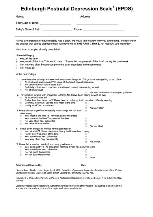 Edinburgh Postnatal Depression Scale Epds Printable Pdf Download