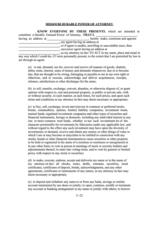 Fillable Missouri Durable Power Of Attorney Printable pdf