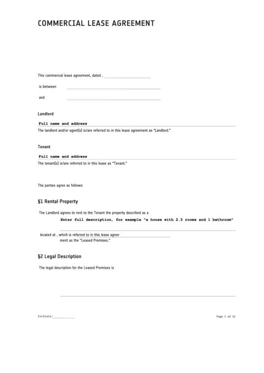 Fillable Commercial Lease Agreement Printable pdf