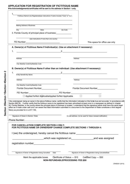 Fillable Form Cr4e001 - Application For Registration Of Fictitious Name Printable pdf