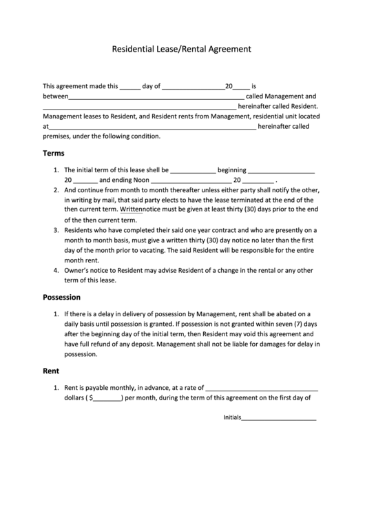 Residential Lease/rental Agreement Printable pdf