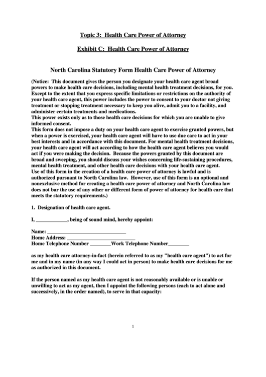 North Carolina Statutory Form Health Care Power Of Attorney Printable pdf