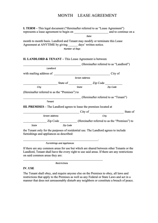 Fillable Pennsylvania Monthly Lease Agreement Template Printable pdf
