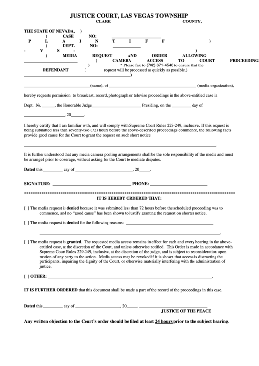 Fillable Media Request And Order Allowing Camera Access To Court Proceedings - Justice Court, Las Vegas Township Printable pdf