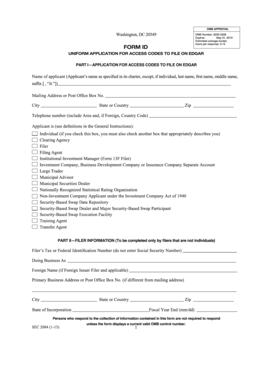 Fillable Form Id - Uniform Application For Access Codes To File On Edgar Form Printable pdf