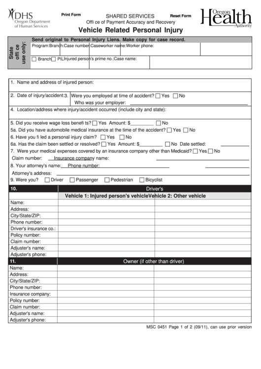 Fillable Vehicle Related Personal Injury Printable pdf