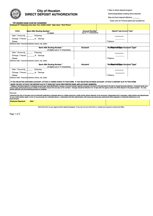 Fillable City Of Houston - Direct Deposit Authorization Printable pdf