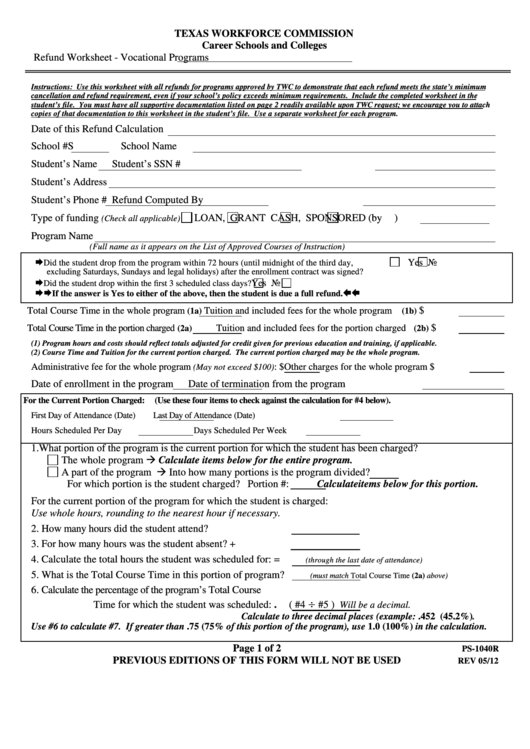 Fillable Form Ps-1040r - Texas Workforce Commission Refund Worksheet - Vocational Programs Printable pdf