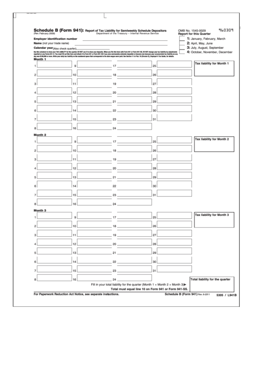 Schedule B (Form 941) - Report Of Tax Liability For Semiweekly Schedule Depositors - 2009 Printable pdf