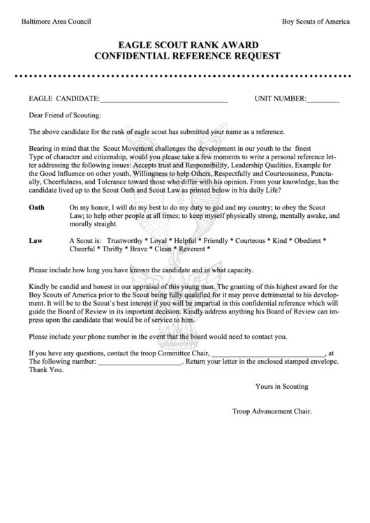 Eagle Scout Rank Award Confidential Reference Request Printable pdf