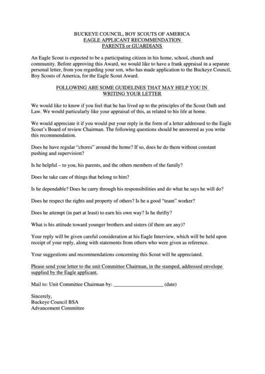 Eagle Applicant Recommendation Parents Or Guardians Printable pdf