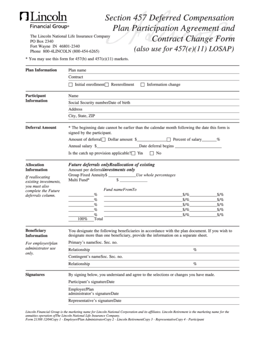 Form 21388 - Compensation Plan Participation Agreement And Contract Change Form Printable pdf