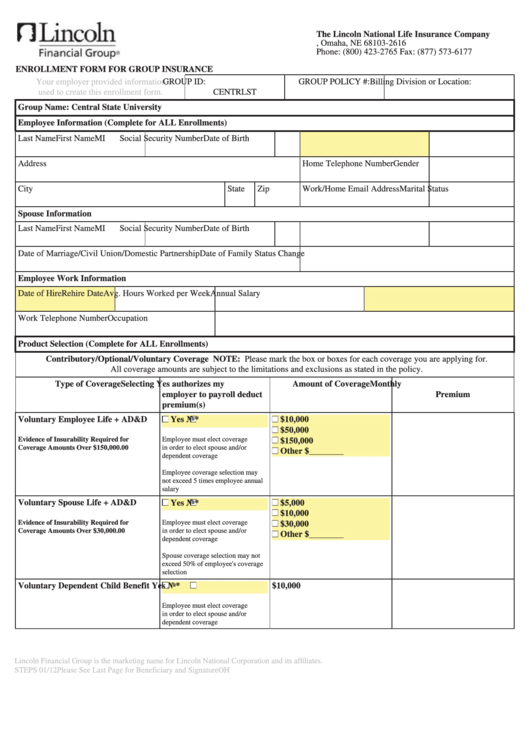2012 Enrollment Form For Group Insurance Printable pdf