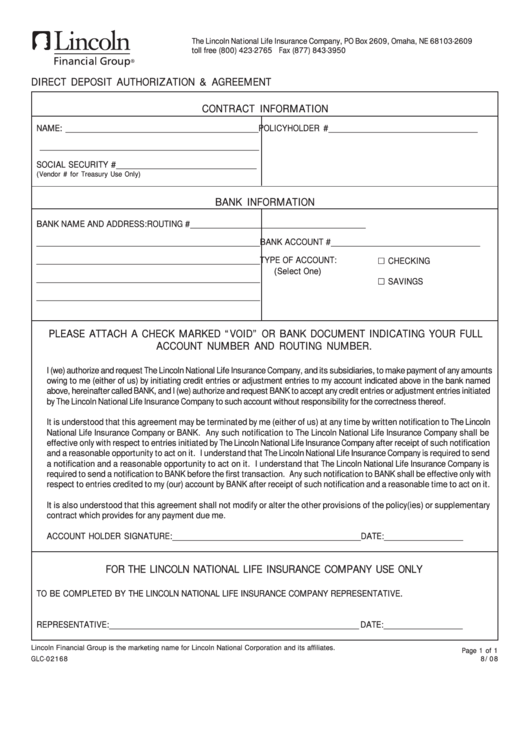 Form Glc-02168 - Lincoln Direct Deposit Authorization Form Printable pdf