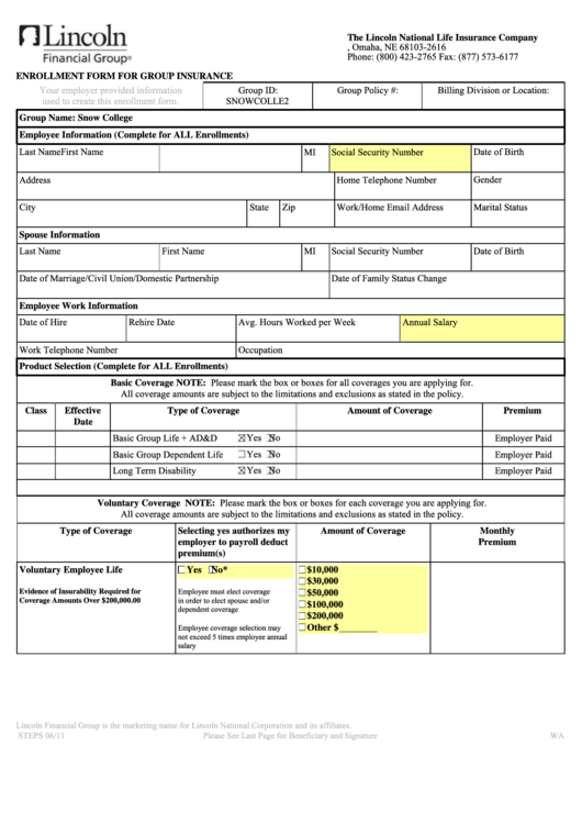 Fillable 2011 Enrollment Form For Group Insurance Printable pdf