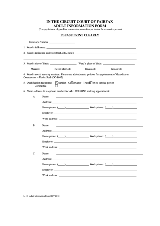 Adult Information Form - Fairfax County Printable pdf