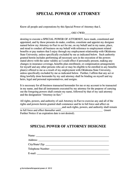 Special Power Of Attorney - Oklahoma State University Printable pdf