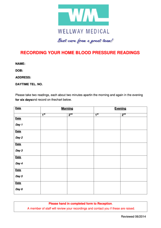 Recording Your Home Blood Pressure Readings Printable pdf