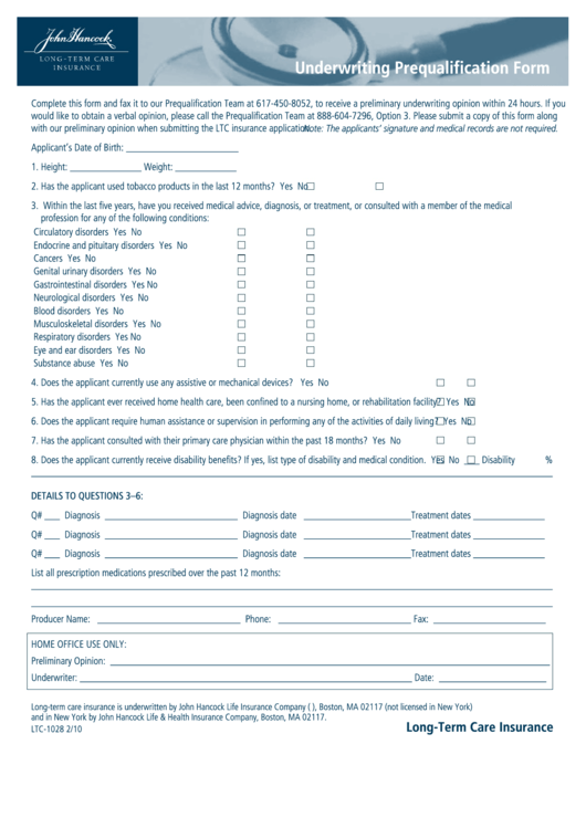 Form Ltc-1028 - Jh Ltc Prequal Form Printable pdf