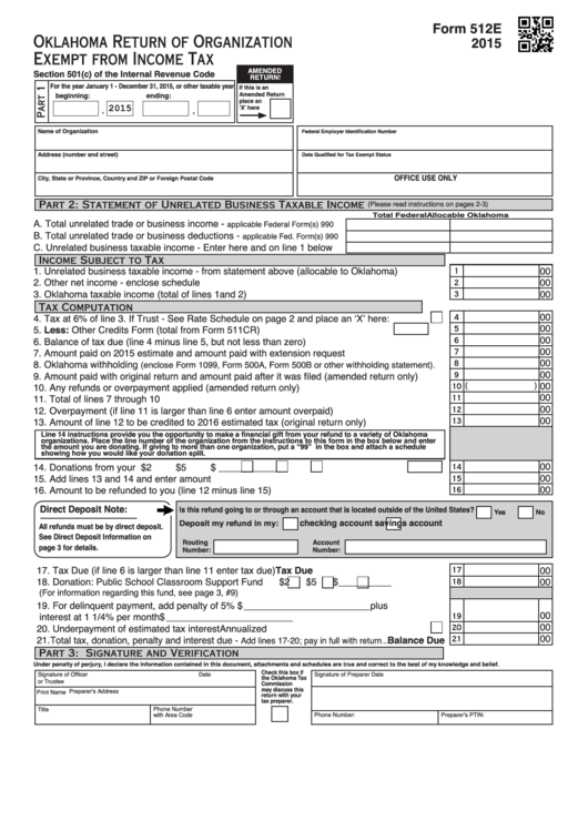 Fillable Form 512e - Oklahoma Return Of Organization Exempt From Income Tax - 2015 Printable pdf