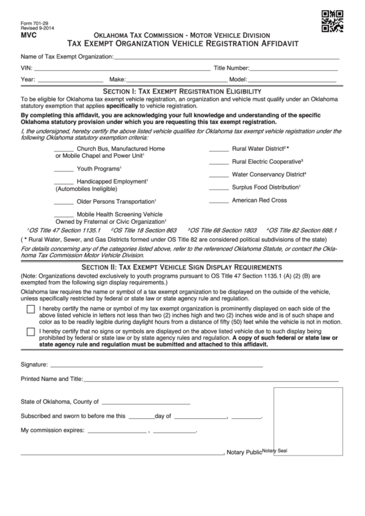 Oklahoma Tax Commission - Motor Vehicle Division Tax Exempt Organization Vehicle Registration Affidavit