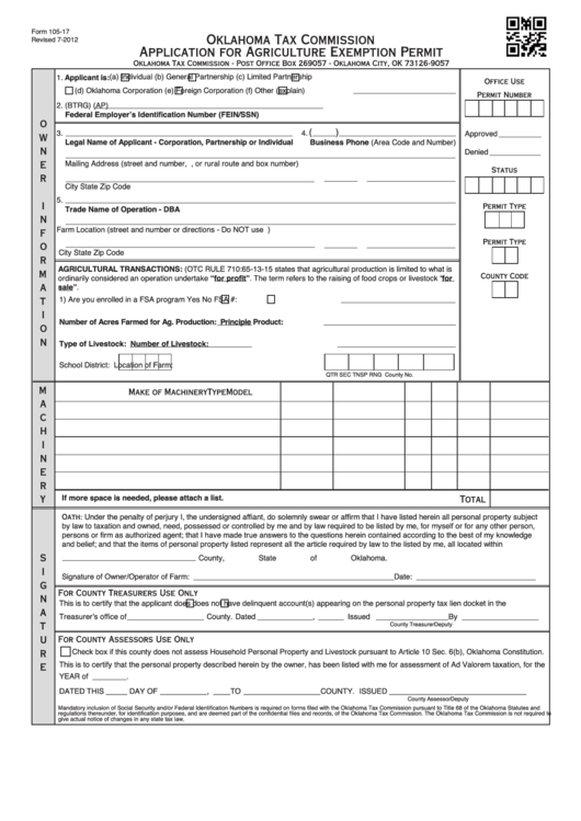 Fillable Oklahoma Tax Commission Application For Agriculture Exemption Permit Printable pdf