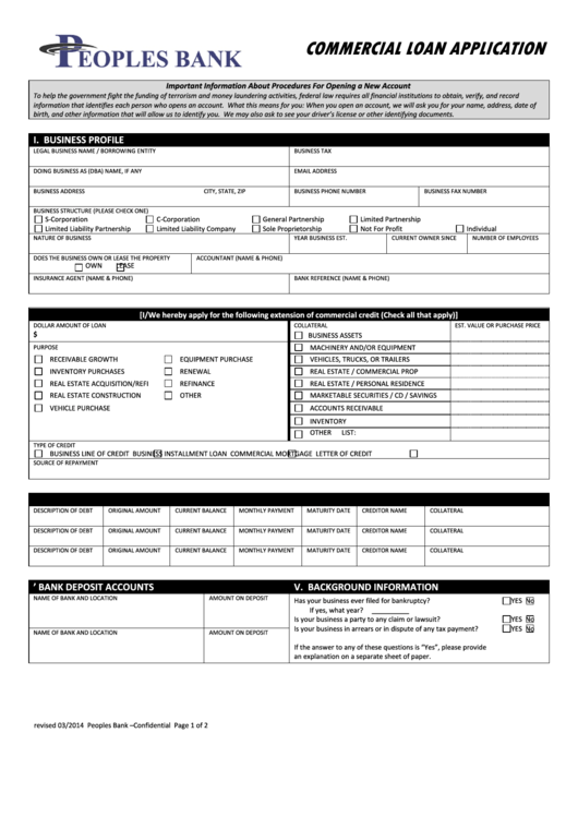 Commercial Loan Application Peoples Bank Printable Pdf Download