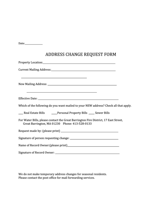 Address Change Request Form - Town Of Great Barrington Printable pdf