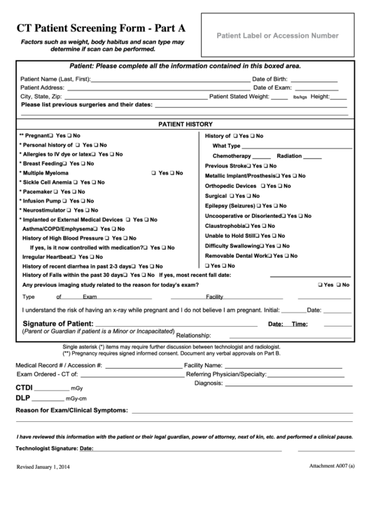 Ct Patient Screening Form